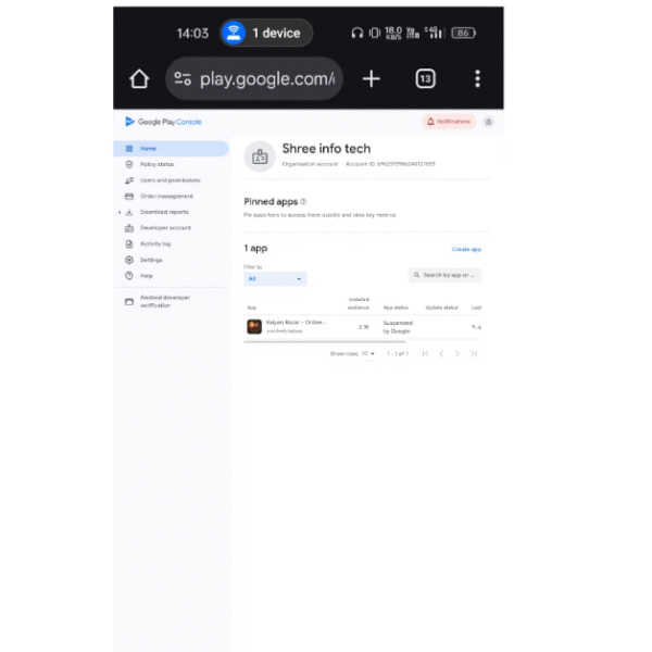 1.5 Year Old Google Console | Identity Verified | 1 App Suspend