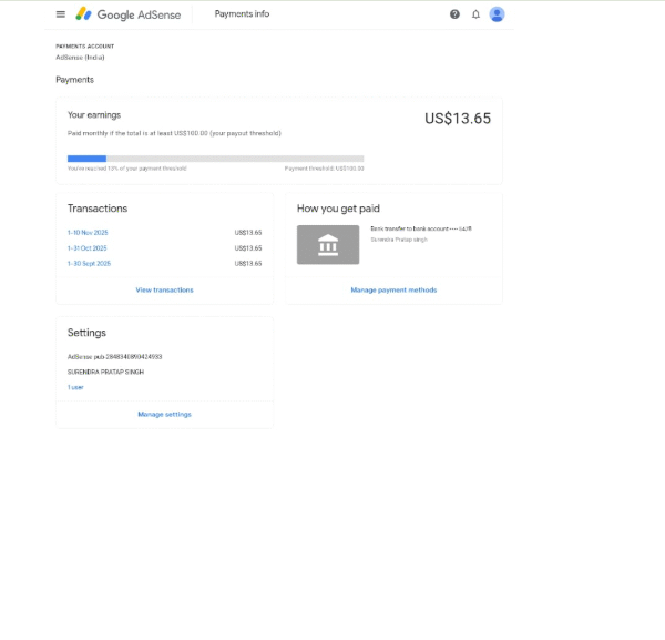 5 Year Old Adsence Account | Pin Verified | 13$ Balance | Ad Manager Not Use