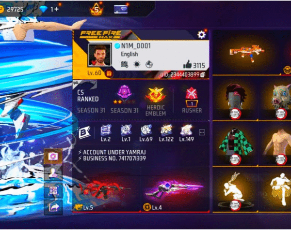 Level 60 Free Fire | 7 Bundles | 7 Evo Guns | 32 Emotes | 5 Weapons