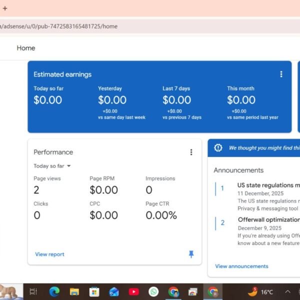 10 Month Old Pin Verified Adsence Account | 32$ Balance | Ad Manager Not Use